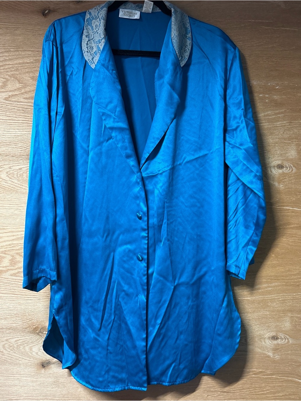 Vintage Victoria's Secret Teal Blue Satin Button-Front Tunic with Lace Collar